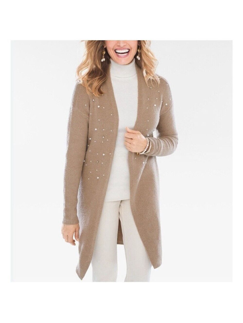 Chico's Open Front Faux-Pearl Cardigan Sweater Size 1 Medium Wool Blend Brown